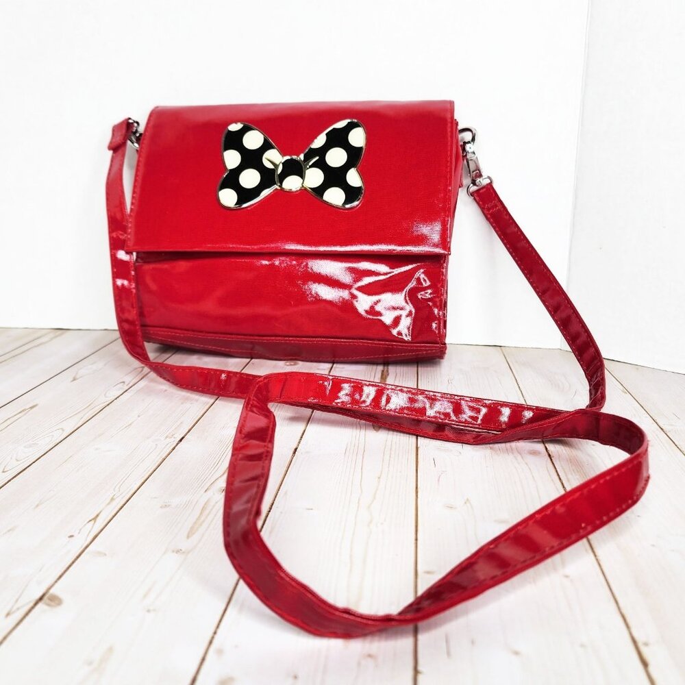Disney Parks Authentic Minnie Mouse Black & White Bow Red Vinyl Crossbody Purse